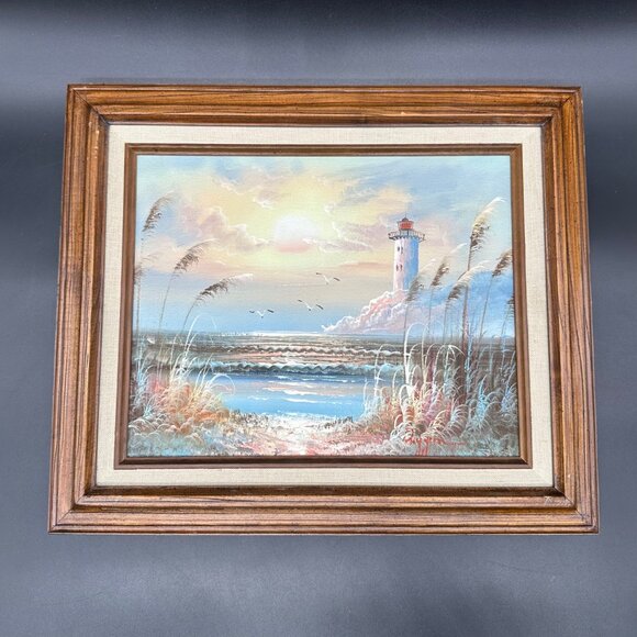 Vintage Lighthouse Seascape Oil Painting Framed Bernard B Duggan Nautical Dunes - Picture 2 of 10